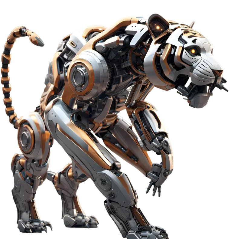 A robotic tiger made of silver and copper machine parts